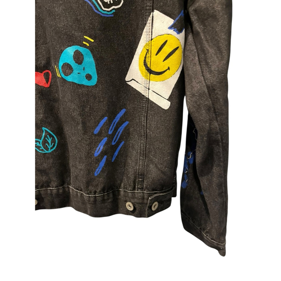 Brooklyn Cloth Graphic Design Black Denim Jacket Size Medium Casual Jean Trippy - Picture 8 of 9